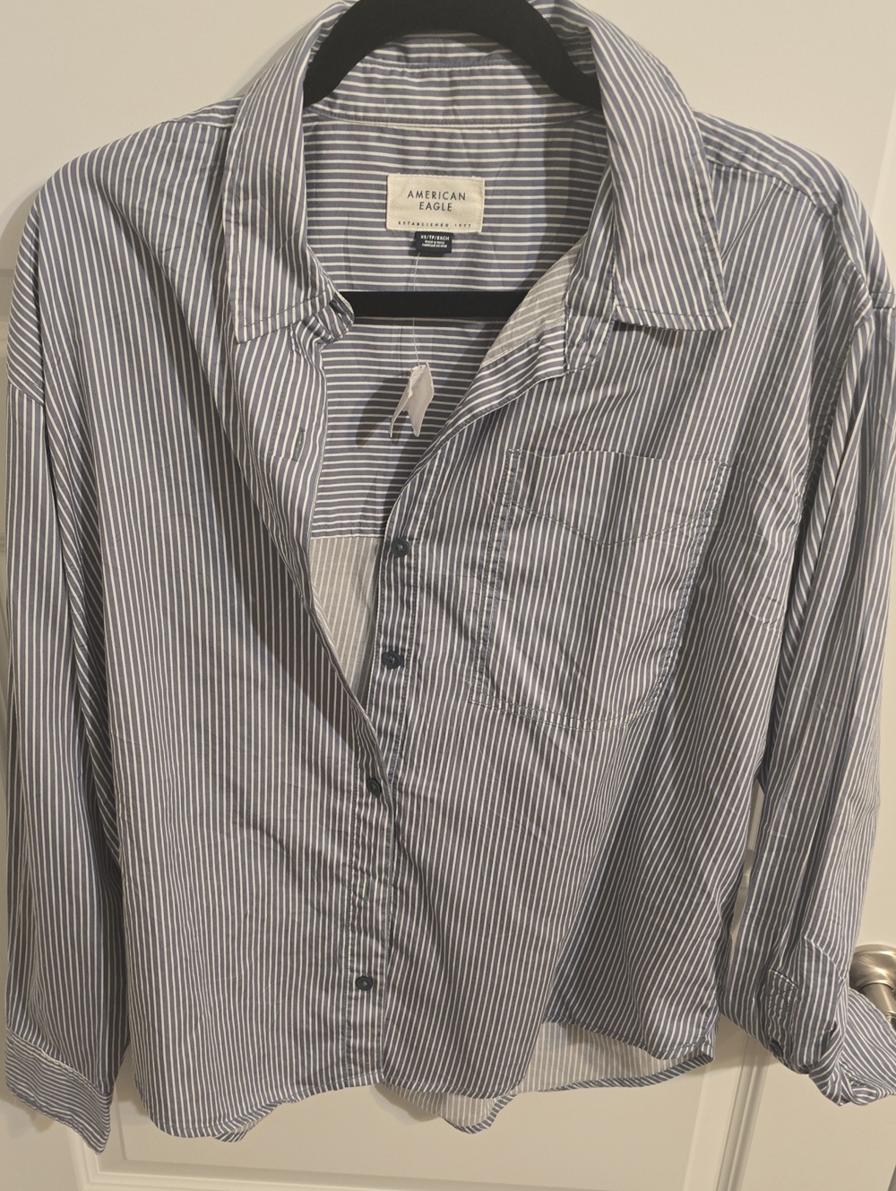 American Eagle Outfitters Men’s Navy and White Vertical Stripe Button-Down Shirt
